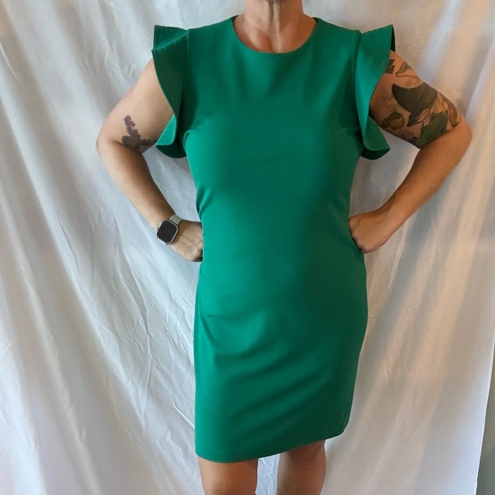 Calvin Klein Green Mini Dress with Ruffle Sleeves